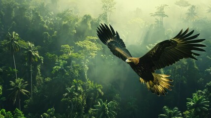 Obraz premium Eagle Soaring Through Misty Rainforest