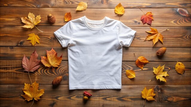 Cozy autumn leaves surround a blank white t-shirt on a wooden table, perfect for adding your design or text to create a stylish fall-themed apparel mockup.