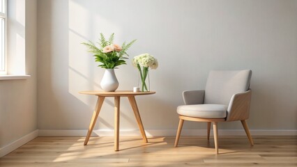 Cozy corner with minimalist decor, featuring a small wooden table, a single chair, and a few strategically placed flowers in a serene space.