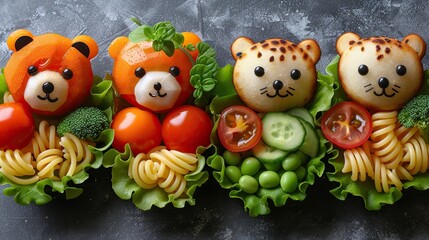 Kids meal art features colorful animal-shaped dishes with pasta, broccoli, tomatoes, rice, peas, carrots, cucumbers, and lettuce, ideal for content on kids' nutrition and creative meals.