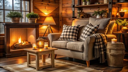Cozy living room with plush armchair, matching throw pillows, and vintage wooden accents, adorned with buffalo check patterns and warm candlelight ambiance.