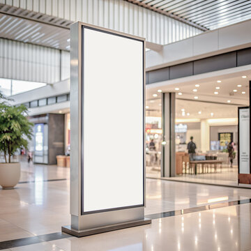 LED display screen mockup. Vertical indoor white blank TV digital poster billboard stand template for advertising design in shopping mall or supermarket. AI generated