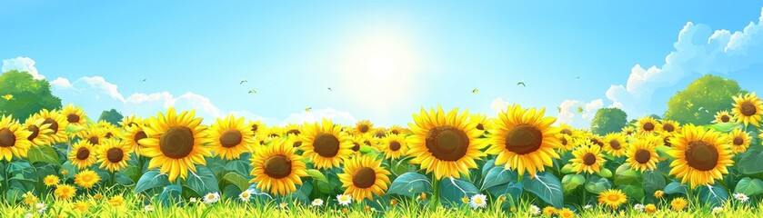Fototapeta premium A vibrant sunflower field under a sunny blue sky with fluffy clouds, radiating warmth and beauty of nature.