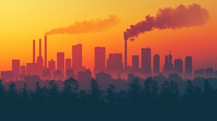 Fototapeta premium A vibrant sunset casts a stunning silhouette over a city skyline, highlighting pollution from smokestacks and urban architecture.
