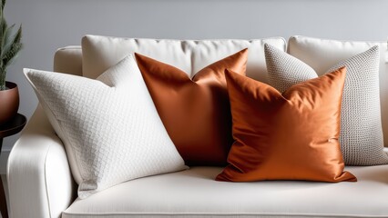 Close up of fabric sofa with white and terra cotta pillows. French country home interior design of modern living room