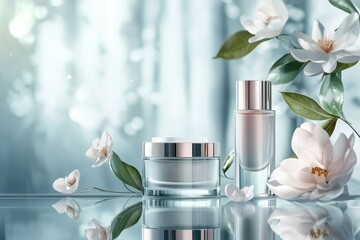 Elegant skincare products displayed with beautiful flowers, showcasing luxury and beauty in a serene setting.