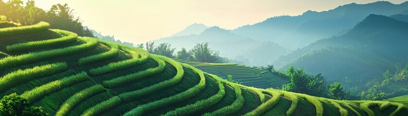 Stunning view of lush green terraced fields under a bright sky, showcasing nature's beauty and agricultural landscapes.