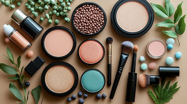 Makeup products and accessories on a brown background, top view, beauty and fashion concept.