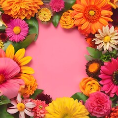 Obraz premium Vibrant Flower Frame with Hot Pink Background, Flowers in Shades of Orange, Pink, Yellow