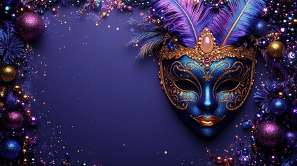 Mardi Gras party invitation with beads and mask on a purple background