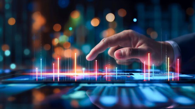 A hand of business man point to data histogram tablet illustration design