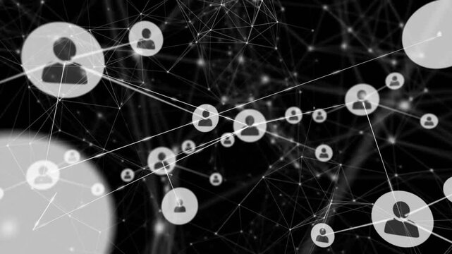 Connected user icons, social media interaction animation over dark background