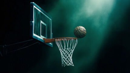 A basketball is captured in mid-air, on the verge of going through the hoop against a dark, dramatic background. The image emphasizes the moment and motion in sports.AI generated.