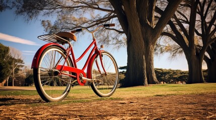 Fototapeta premium Red Bicycle Leaned Against a Tree in a Park.