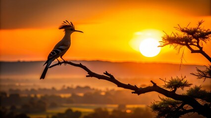 Fototapeta premium Dark silhouette of a hoopoe bird perched on a branch against a vibrant orange sunset sky with subtle trees and hills in the background.