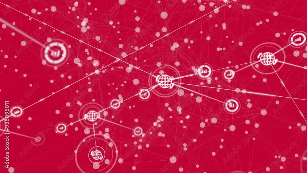 Poster network of connections and data processing animation over red background