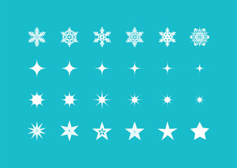 白い雪の結晶と星とキラキラ。クリスマスや冬のデザインで使えるシンプルなベクターイラストアイコンセット。