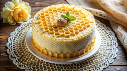 Delicate Chiffon Cake With A Lacy Top, Shot From A Bird'S Eye View, Revealing An Intricate Honeycomb Pattern.