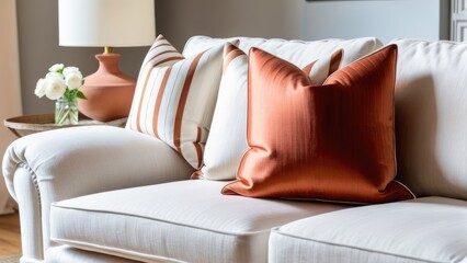 Close up of fabric sofa with white and terra cotta pillows. French country home interior design of modern living room