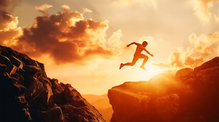 Silhouette of a man leaping across a gap between two hills, mid-air as he jumps over a cliff, Courage and determination