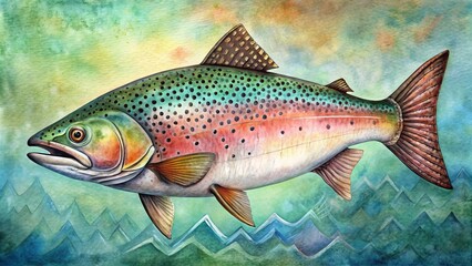 Fototapeta premium Delicate etching of a spawning salmon with intricate scales and vibrant fins, set against a soft watercolor background with subtle aquatic textures.