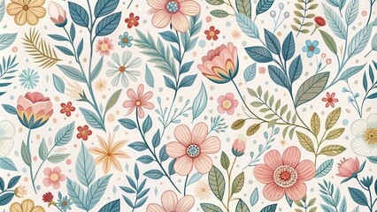 Delicate floral pattern featuring blooming flowers, leaves, and vines in a minimalist line drawing style, perfect for illustrations, wallpapers, and decorative designs.