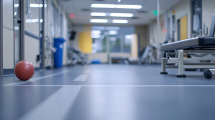 Obraz premium A red exercise ball on the gym floor near fitness equipment in a well-lit training facility during the afternoon