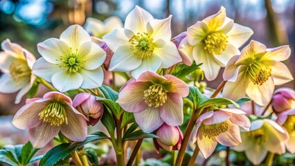 Delicate, pale-colored Hellebores flowers, commonly known as Lenten Roses, bloom in early spring, adding touches of elegance and serenity to winter's fading landscape.