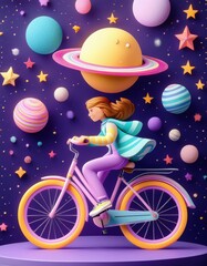 Naklejka premium Whimsical Space Bicycle Adventure