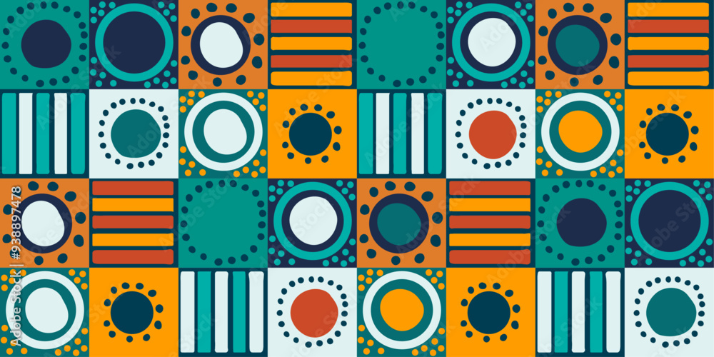 Leinwandbilder Tile pattern with circles. Diagonally placed repeating pattern of tiles in circles. Orange-turquoise pattern.