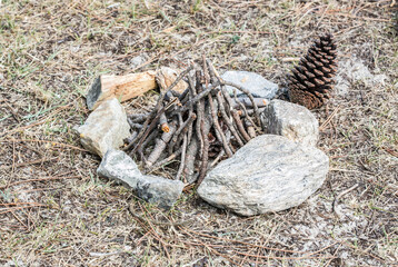 Camp fire with wood sticks and stones, before lighting (made by children playing outdoors), nature
