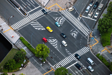 Japan City street Intersection Traffic cars and People walking footpath