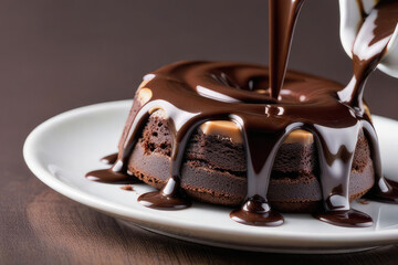 Chocolate cake with a drizzle of melted chocolate on a white plate.