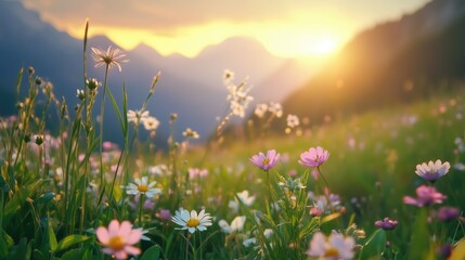 Naklejka premium Beautiful field with colorful wild flowers foggy landscape at sunrise or dawn with setting or rising sun in the mountains