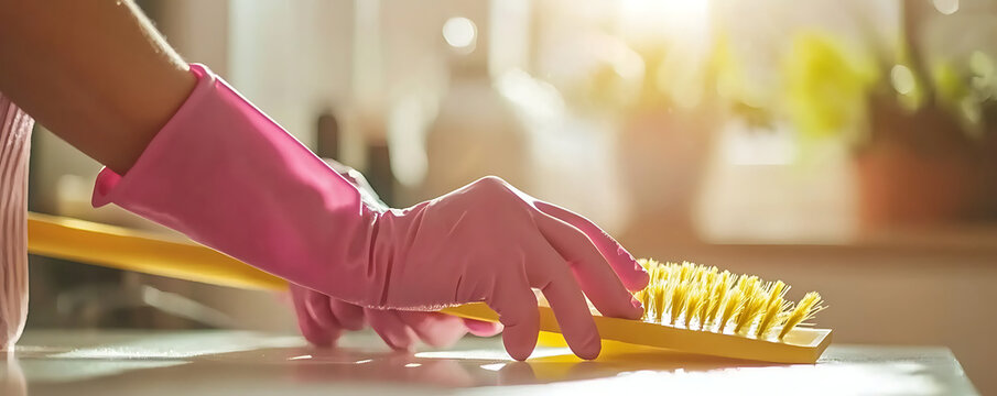 A close-up shot of a woman’s hands wearing pink gloves while cleaning a kitchen countertop with a yellow brush.