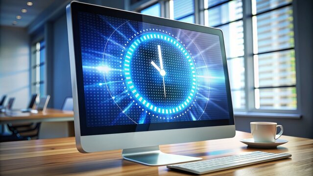 Digital clock display on computer screen shows clock hands moving quickly, symbolizing deadline, productivity, and management of time in a fast-paced digital environment.
