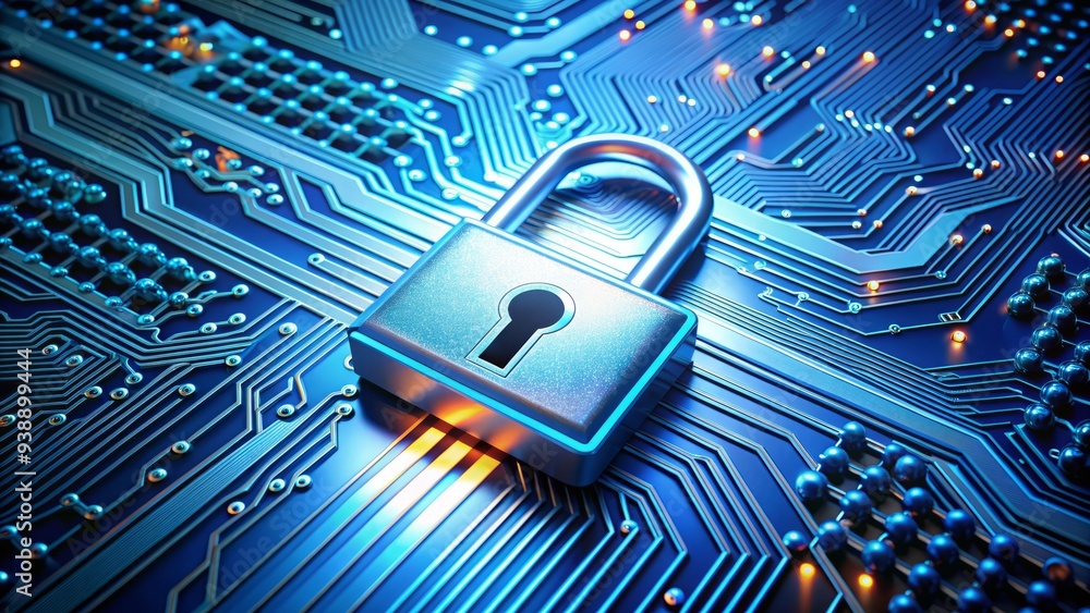 Aufkleber digital lock on circuit board with glowing blue wires and microchips, representing protection of sen