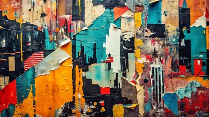 Fototapeta premium Distressed, abstracted, urban graphic with torn papers, splattered paint, and scratched textures, evoking a rebellious, DIY aesthetic in a bold, high-contrast color scheme.