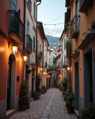 Obraz premium A tranquil evening in a picturesque village, with warm street lamps casting a soft glow on narrow cobblestone streets lined with colorful houses.