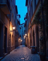 Naklejka premium A tranquil evening in a picturesque village, with warm street lamps casting a soft glow on narrow cobblestone streets lined with colorful houses.