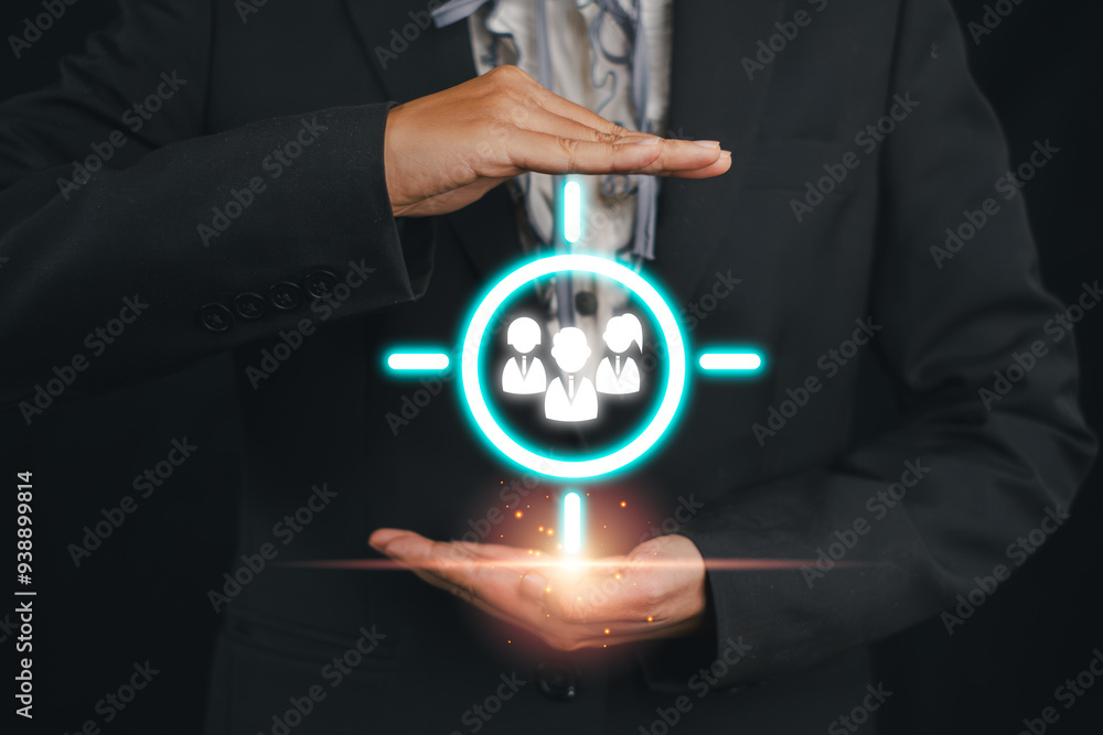 Poster a businessman in a suit using a digital interface to target customers, symbolizing marketing strateg