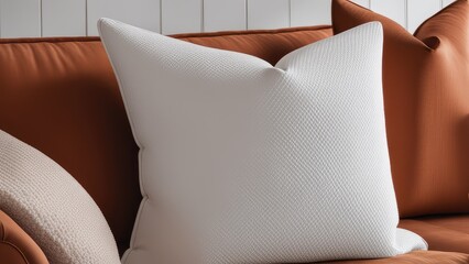 Close up of fabric sofa with white and terra cotta pillows. French country home interior design of modern living room