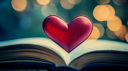 A red heart rests on an open book with softly glowing lights in the background, creating a warm and romantic atmosphere