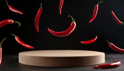 Product advertising platform podium with flying chilies in the background