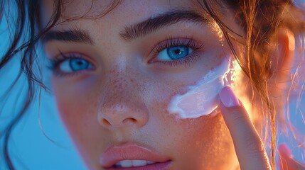 Portrait of a beautiful young woman with beautiful eyes 
 and cream on her cheek