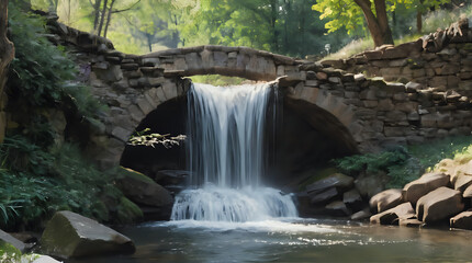 a waterfall flowing under a stone bridge in the woods