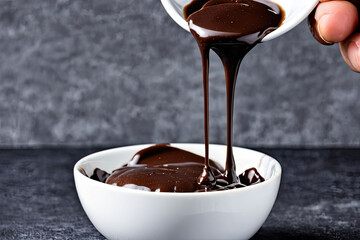 Close-up of melted dark chocolate being poured into a white bowl on a dark gray background.