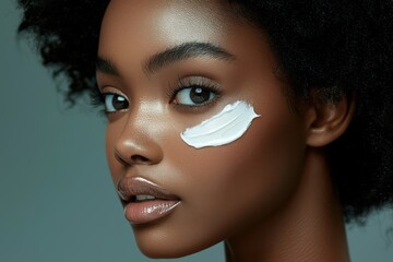 Portrait of a beautiful young woman with cream on her cheek