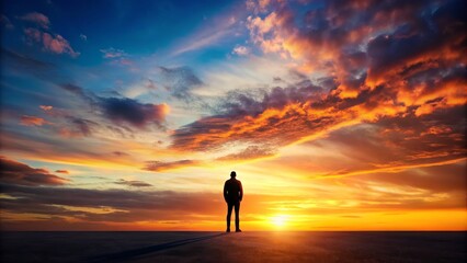 Obraz premium Dramatic Evening Silhouette Of A Solitary Figure Standing Alone Against A Vibrant Sunset Sky, Casting A Long Shadow That Emphasizes The Figure'S Isolation And Introspection.