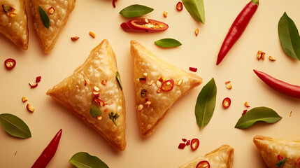 Savory golden triangle pastries garnished with fresh chili peppers and herbs on a warm beige background
